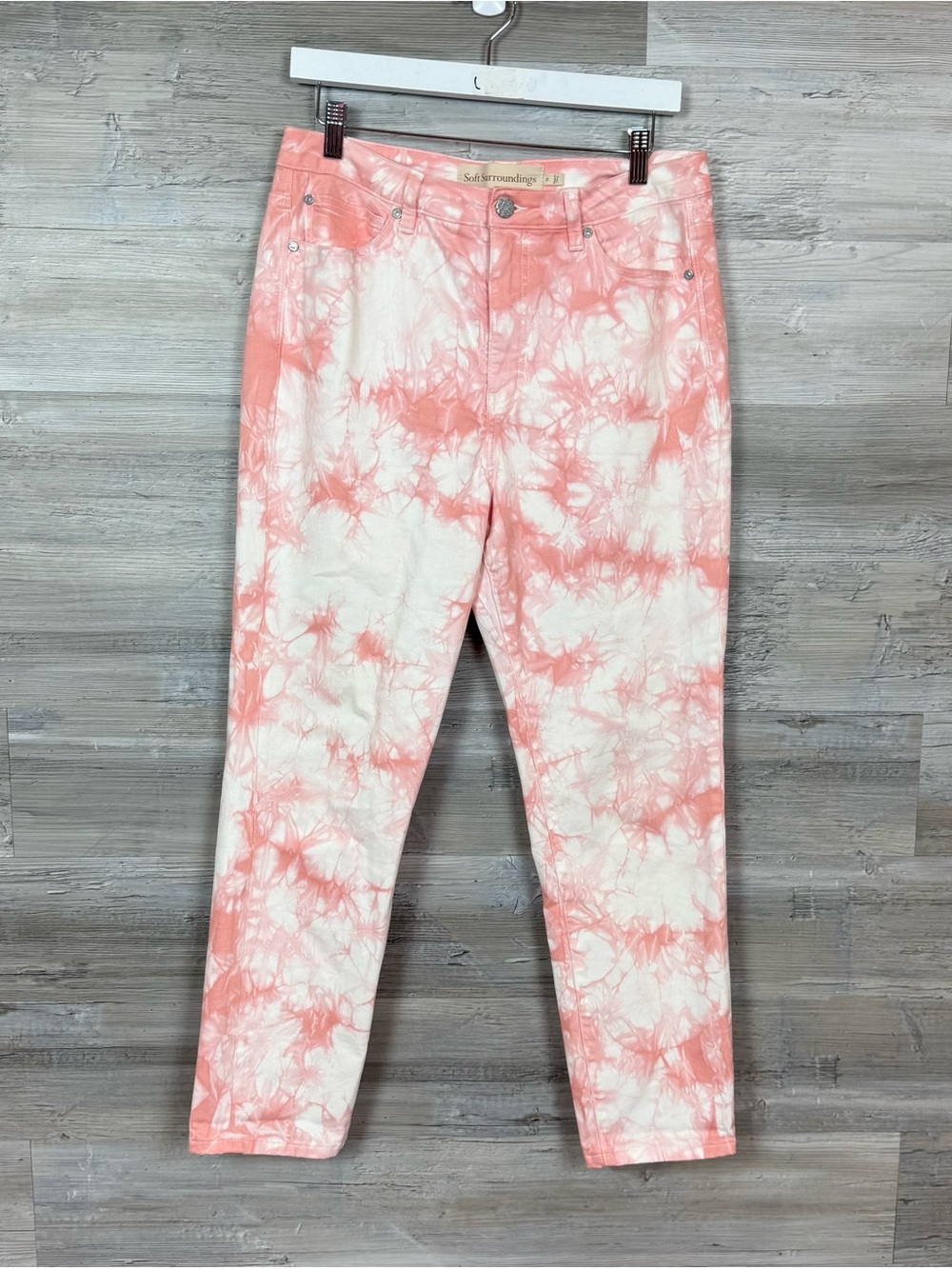 Soft Surroundings Tie Dye Ankle Jeans Pink White Size 12 Cropped Slim Stretch - Picture 7 of 7